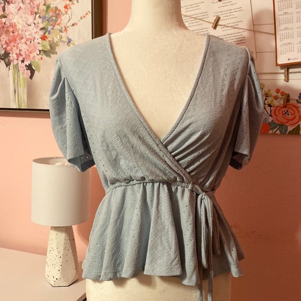 See the Shades | Baby Blue Surplice Puff Sleeve Eyelet Top Size Large